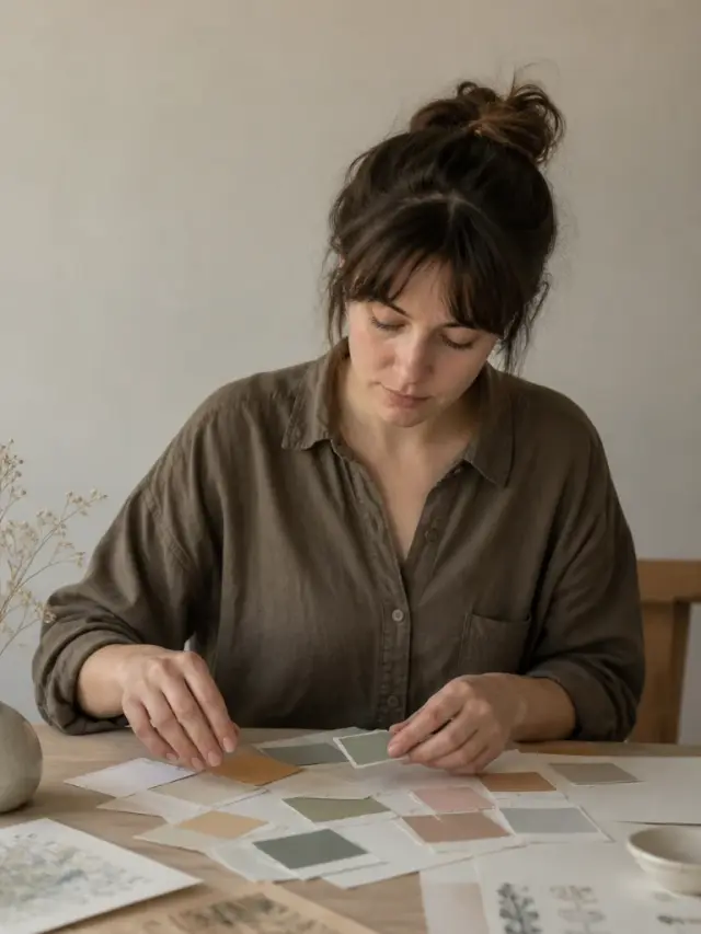 Una ilustradora ordenando muestras de color sobre la mesa.