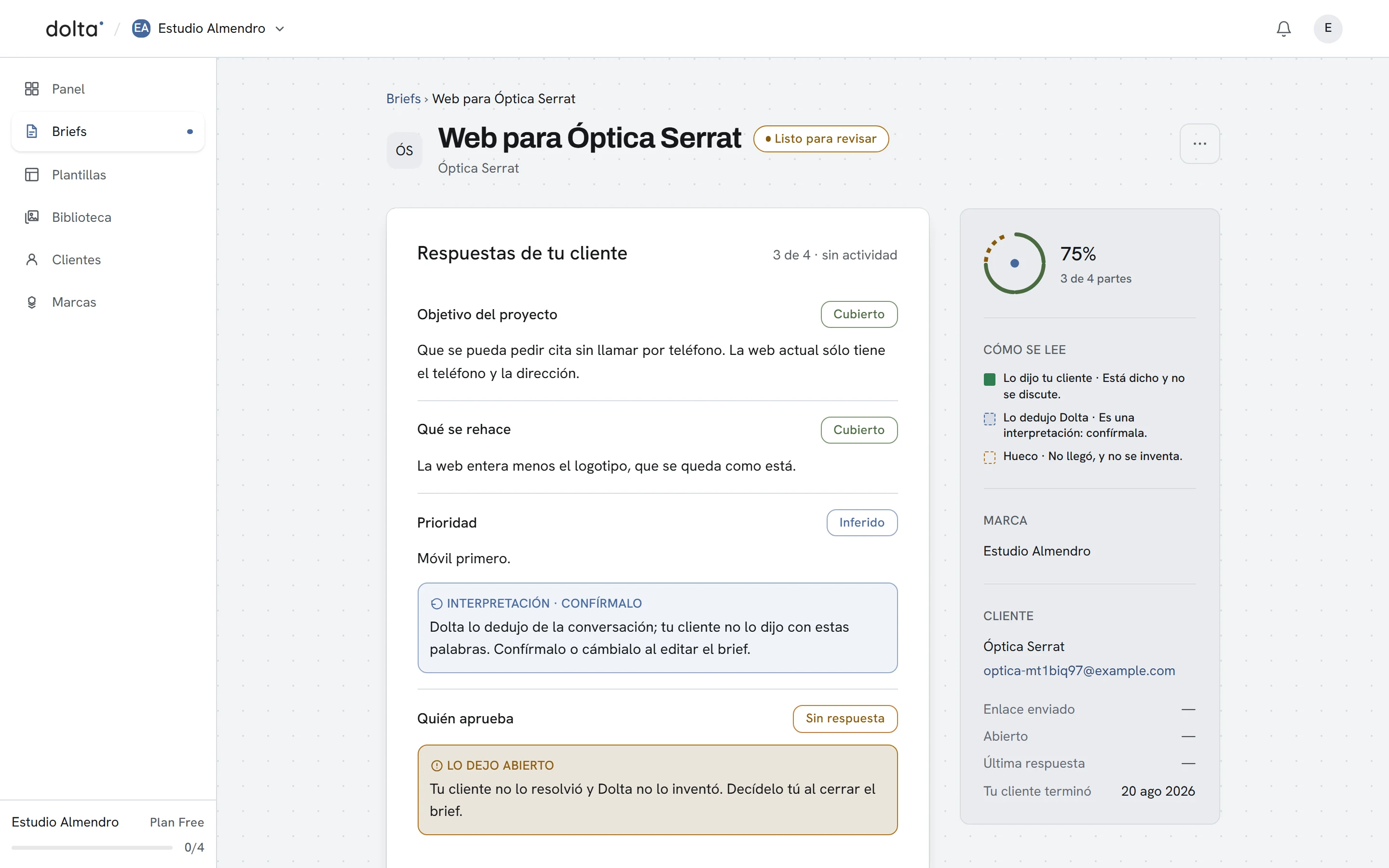 El detalle de un brief real en Dolta: dos respuestas cubiertas en verde con lo que dijo el cliente, una interpretación en azul con el aviso de confirmarla y un hueco en ámbar que la IA deja abierto sin inventarlo
