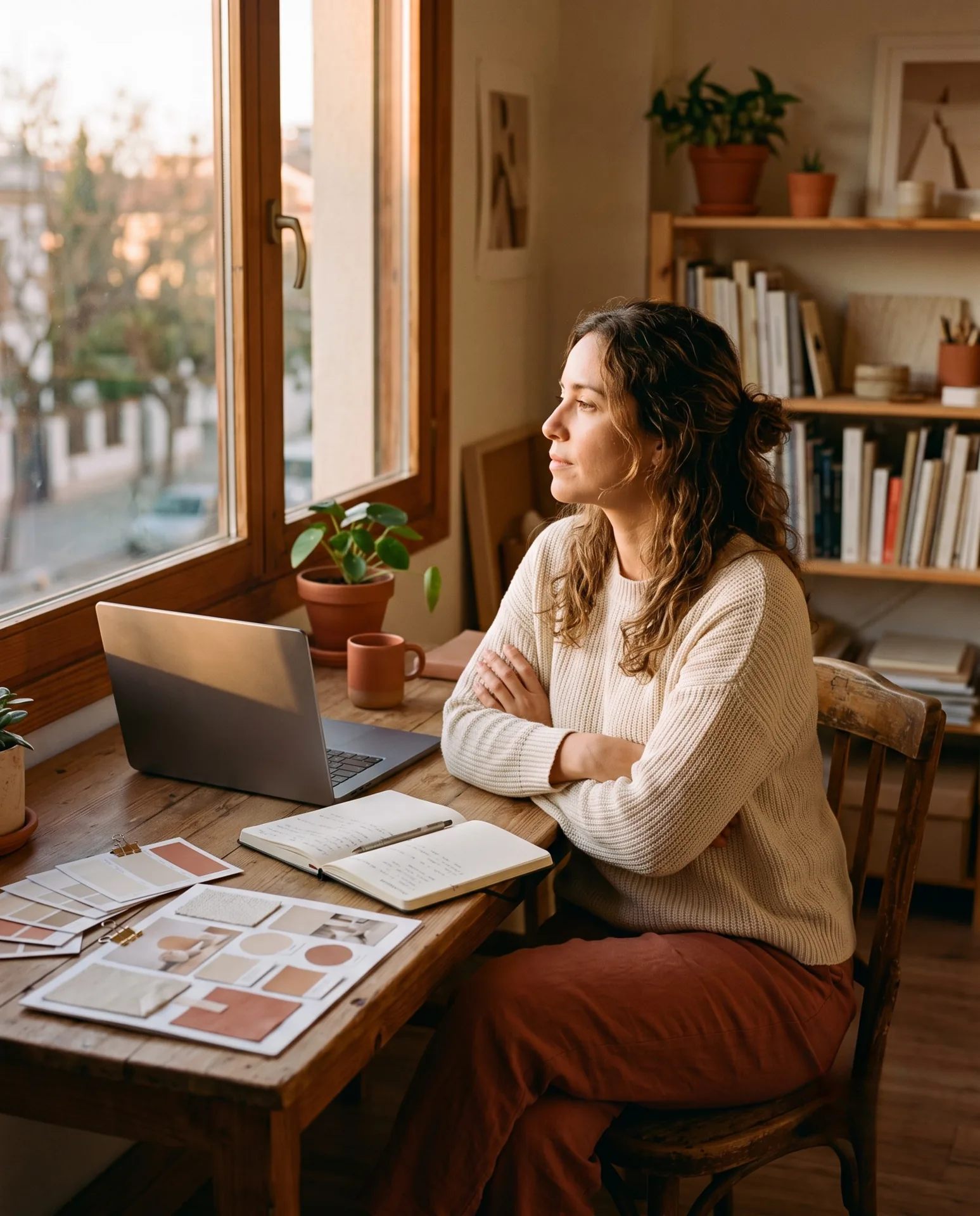 Diseñadora esperando en su mesa de trabajo al final de la tarde