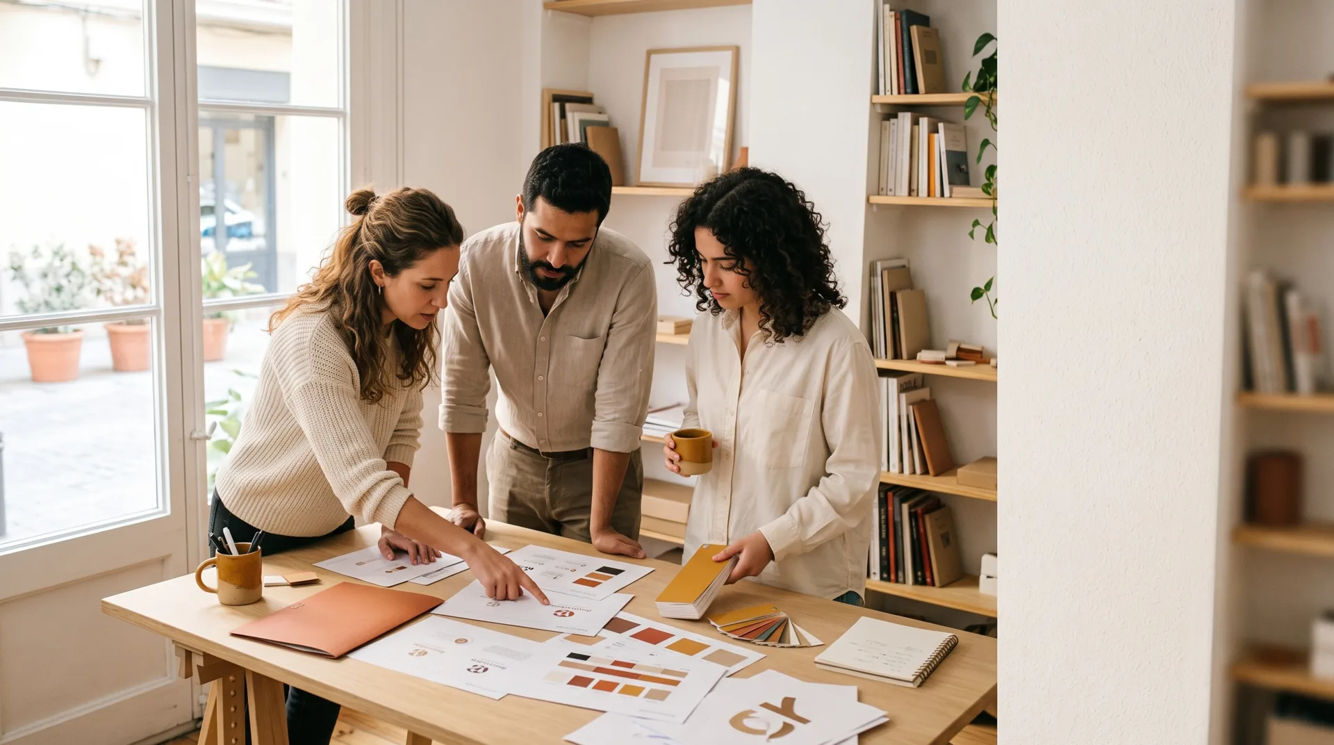 Tres personas de un estudio de diseño revisando juntas pruebas impresas de identidad de marca