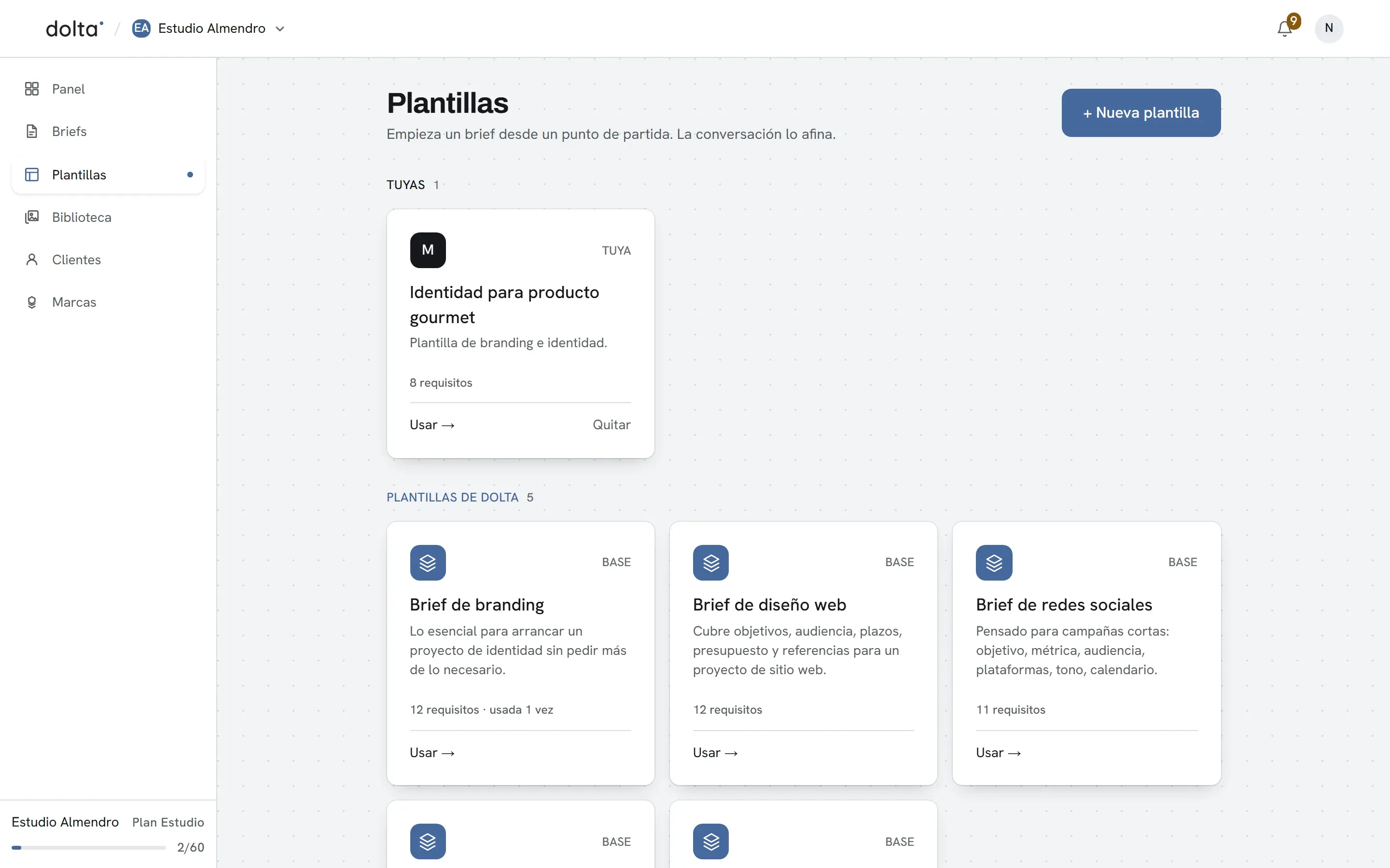 La biblioteca de plantillas del espacio: las plantillas base de Dolta y las del propio estudio, cada una con su disciplina y el número de requisitos que incluye